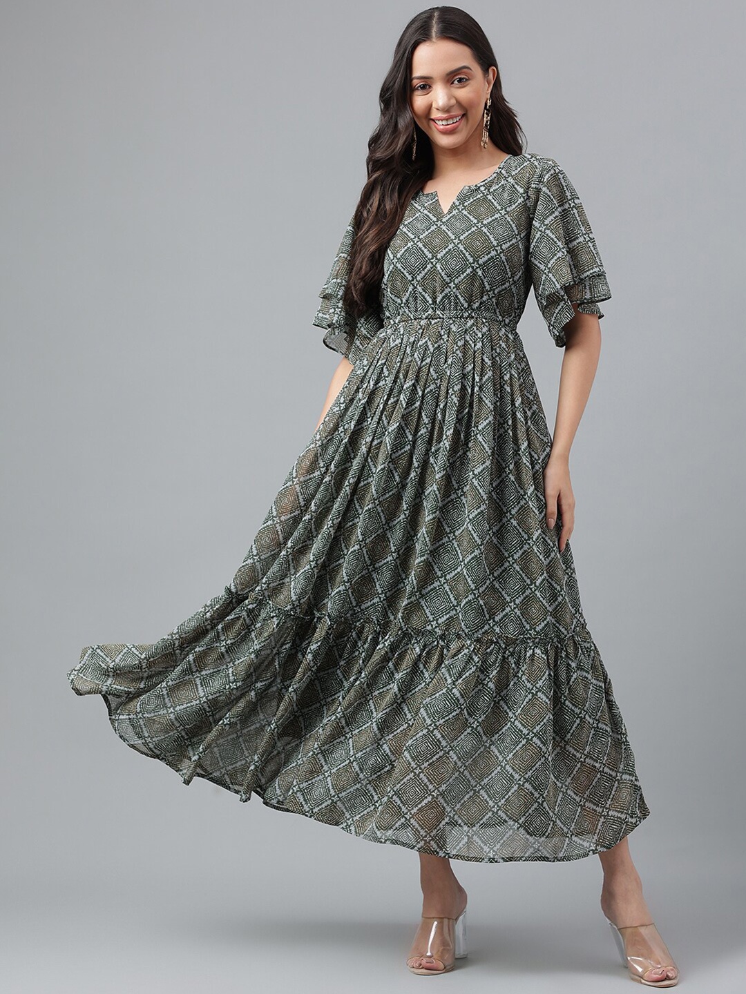 

Suktam Trendz Notch Neck Flared Sleeves Ethnic Print Georgette Maxi Dress, Green
