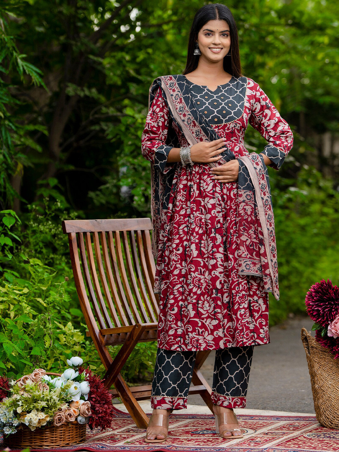 

SURHI Floral Printed Pleated Anarkali Kurta With Palazzos & Dupatta, Maroon