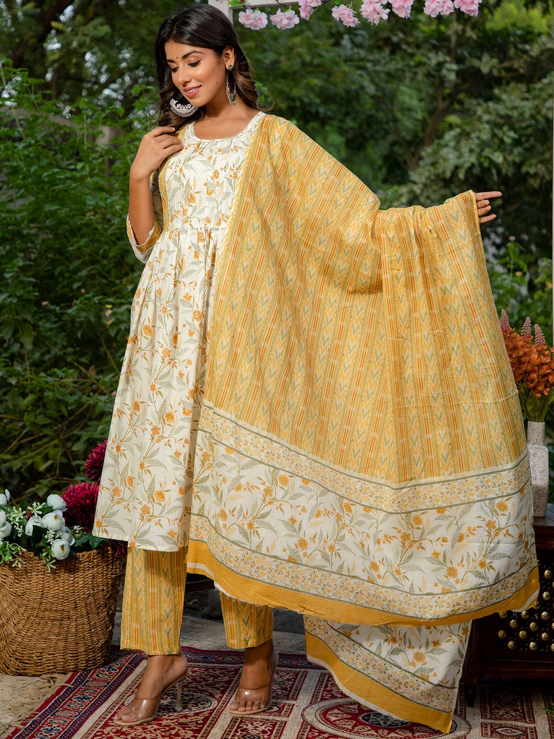 

SURHI Ethnic Motifs Printed Pure Cotton Pleated Anarkali Kurta With Palazzos & Dupatta, Yellow