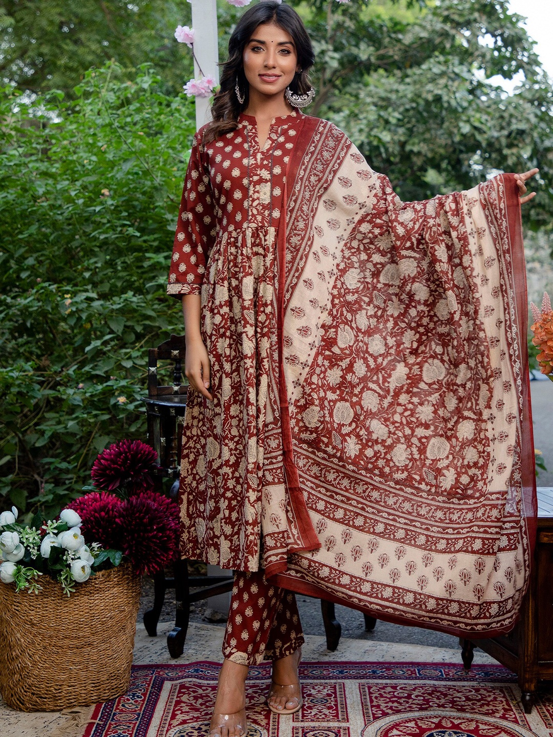 

SURHI Floral Printed Pure Cotton Pleated Anarkali Kurta With Palazzos & Dupatta, Maroon