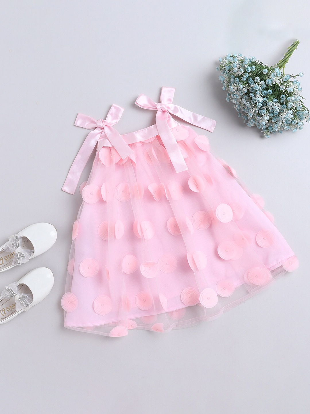 

MANY FROCKS & Girls Shoulder Straps Polka Dot Printed Net A-Line Dress, Pink