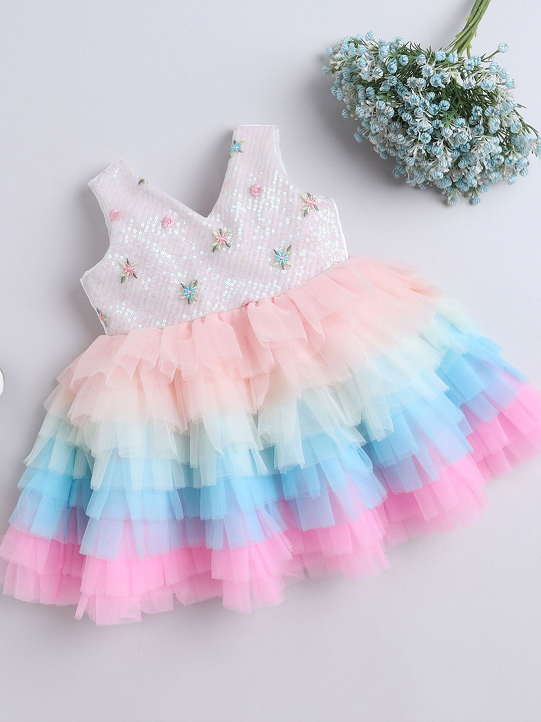 

MANY FROCKS & Girls Sleeveless Floral Net Fit & Flare Dress, Pink