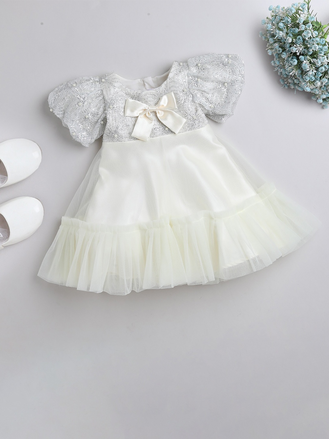 

MANY FROCKS & Girls Round Neck Net Peplum Casual Dress, Cream