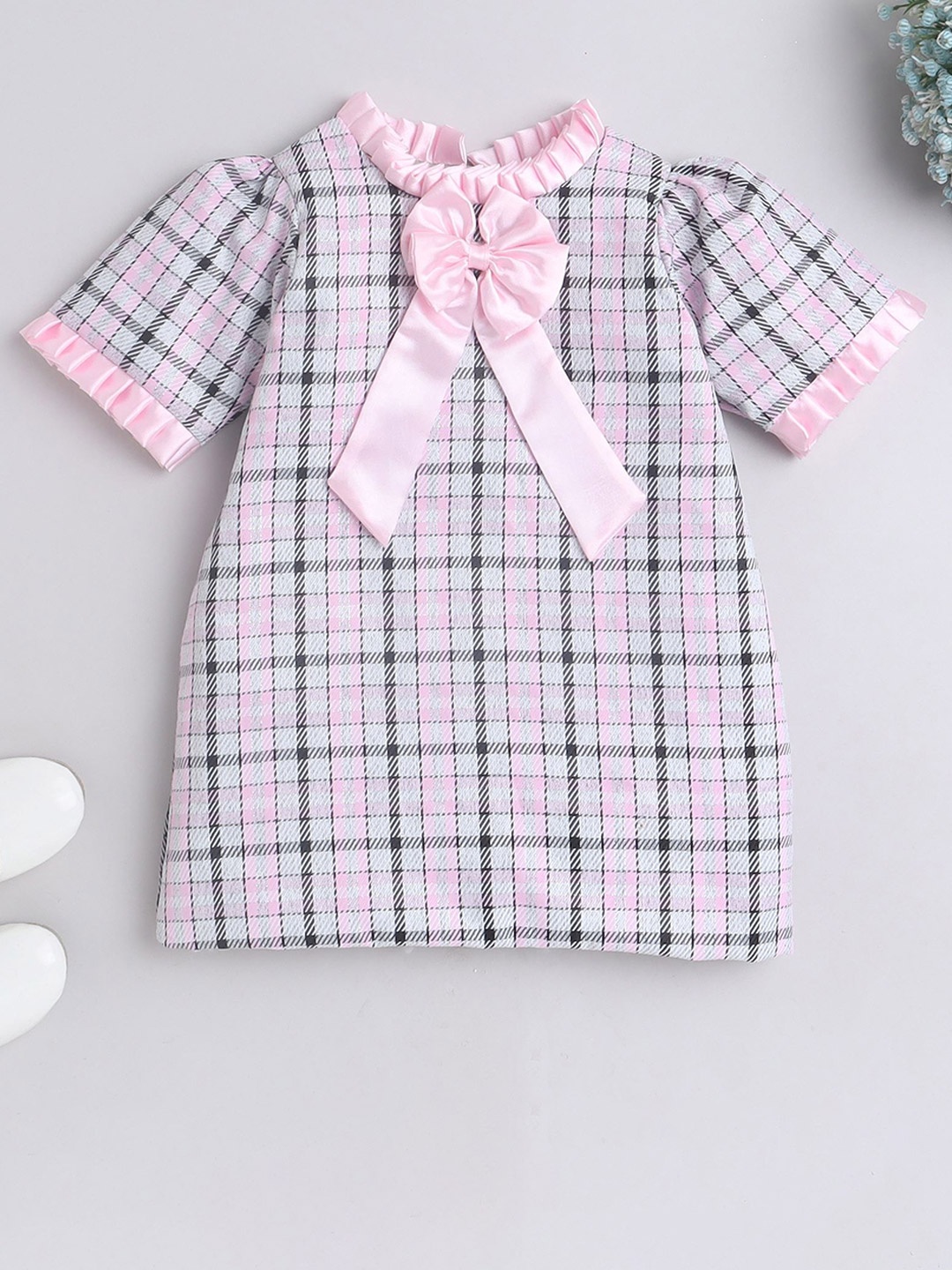 

MANY FROCKS & Girls Checked Satin A-Line Casual Dress, Pink