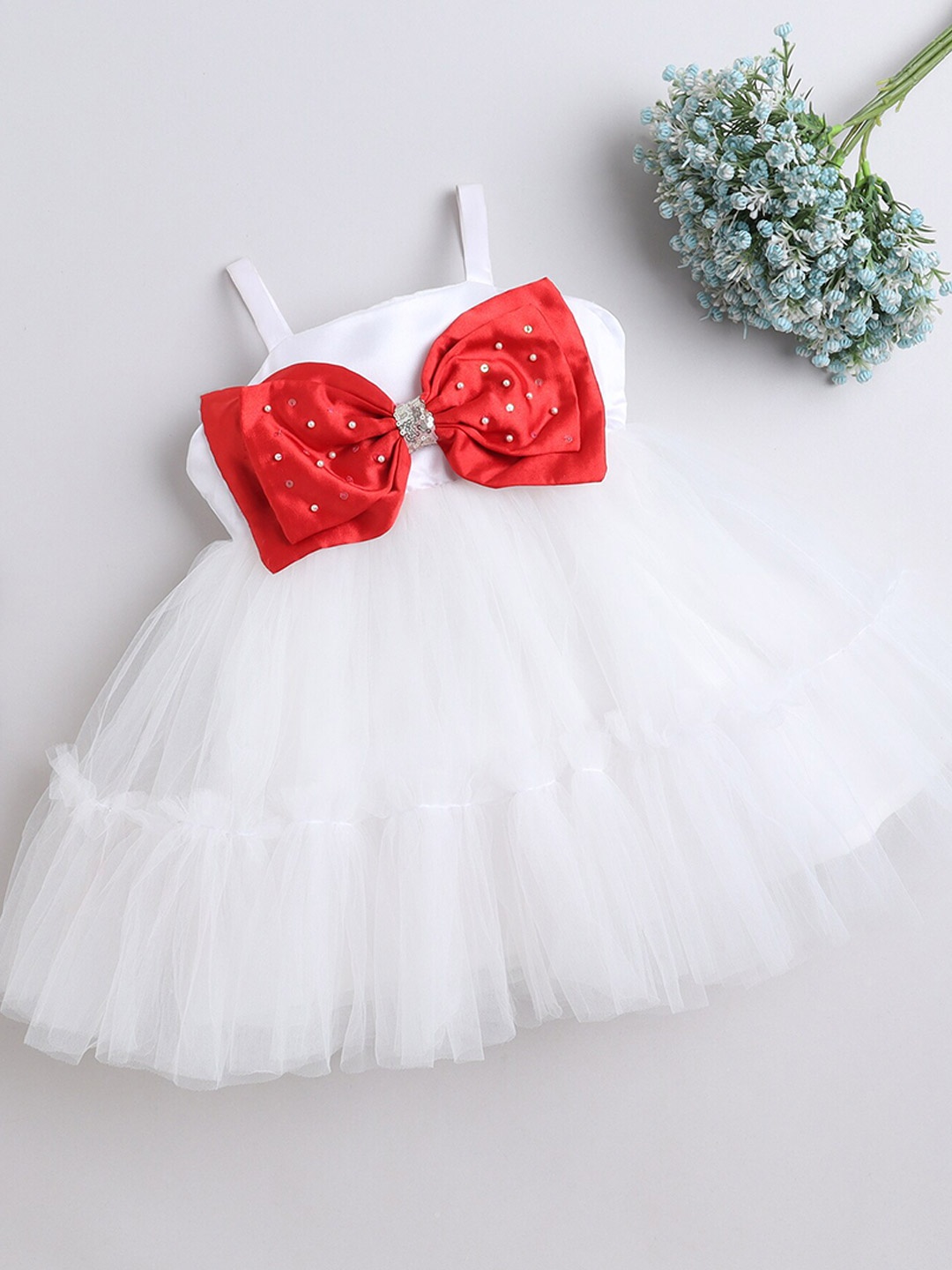 

MANY FROCKS & Kids-Girls Shoulder Straps Net Fit & Flare Dress, White