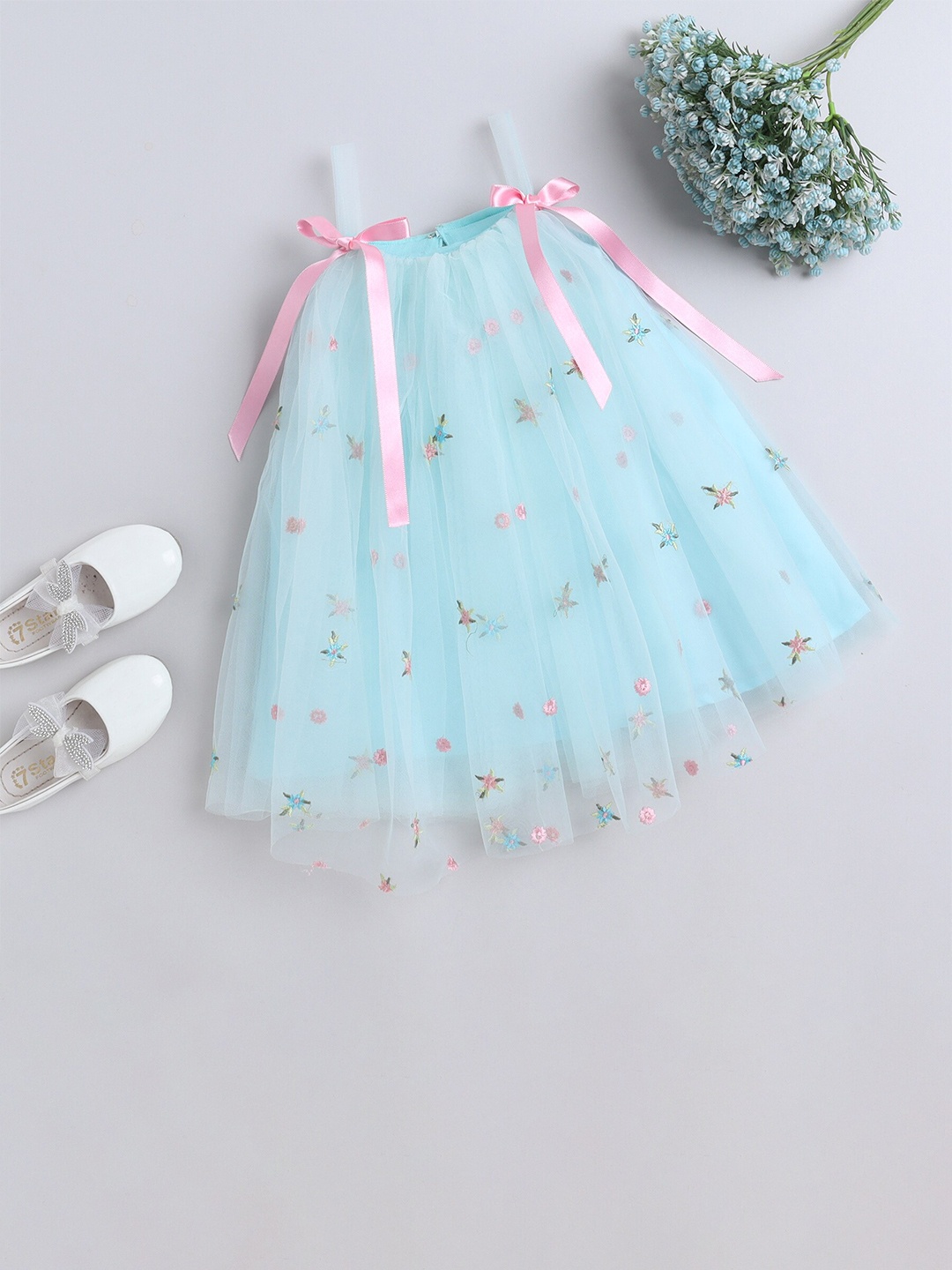 

MANY FROCKS & Girls Shoulder Straps Floral Net Maxi Dress, Blue