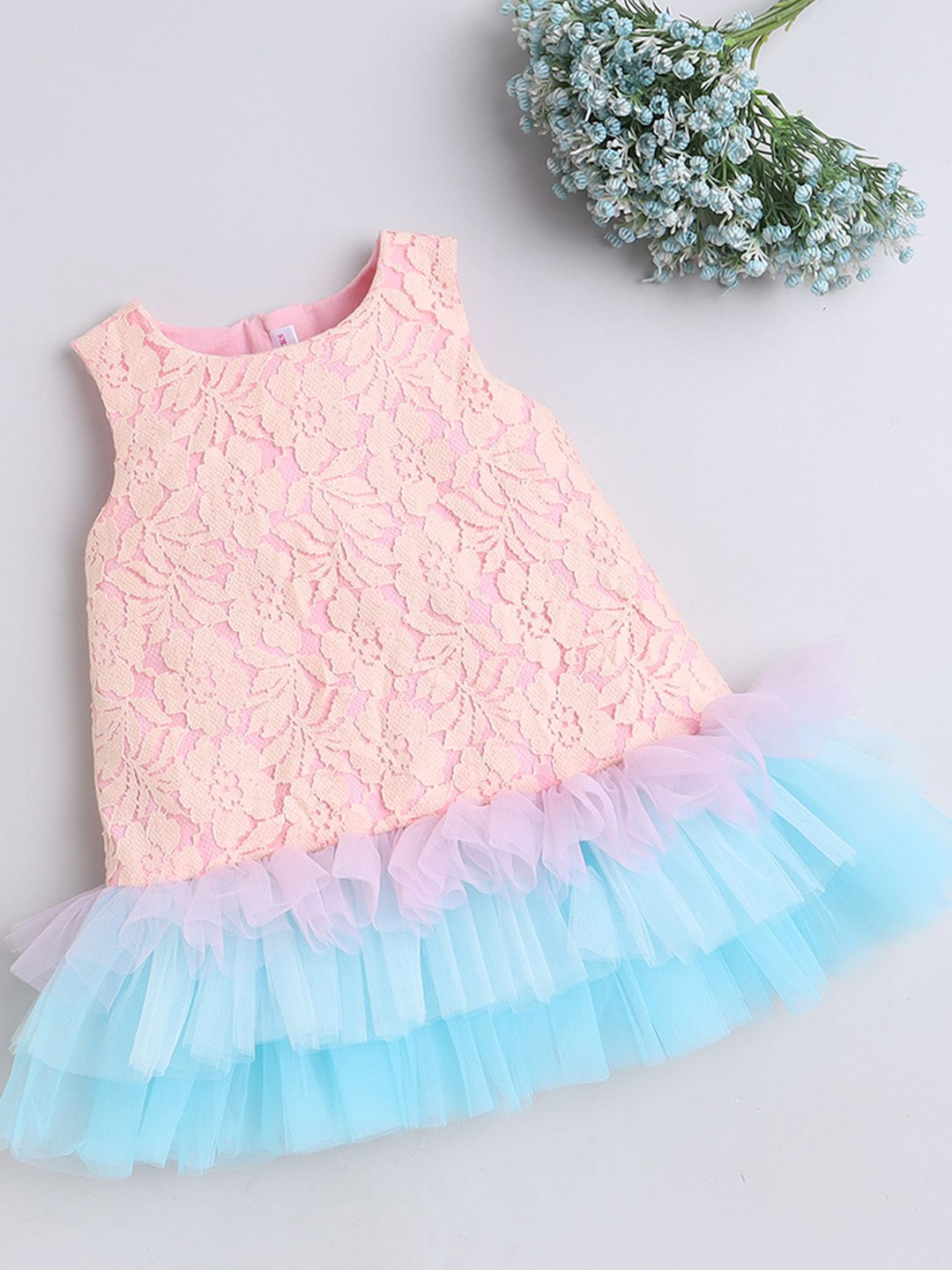 

MANY FROCKS & Kids-Girls Round Neck Net Fit & Flare Dress, Peach