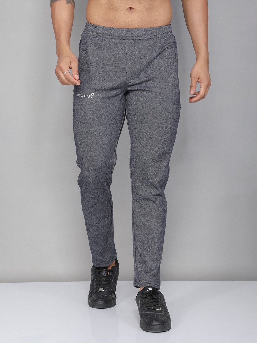 

SPORT SUN Brand Logo Printed Cotton Anti Odour Sports Track Pant, Grey melange