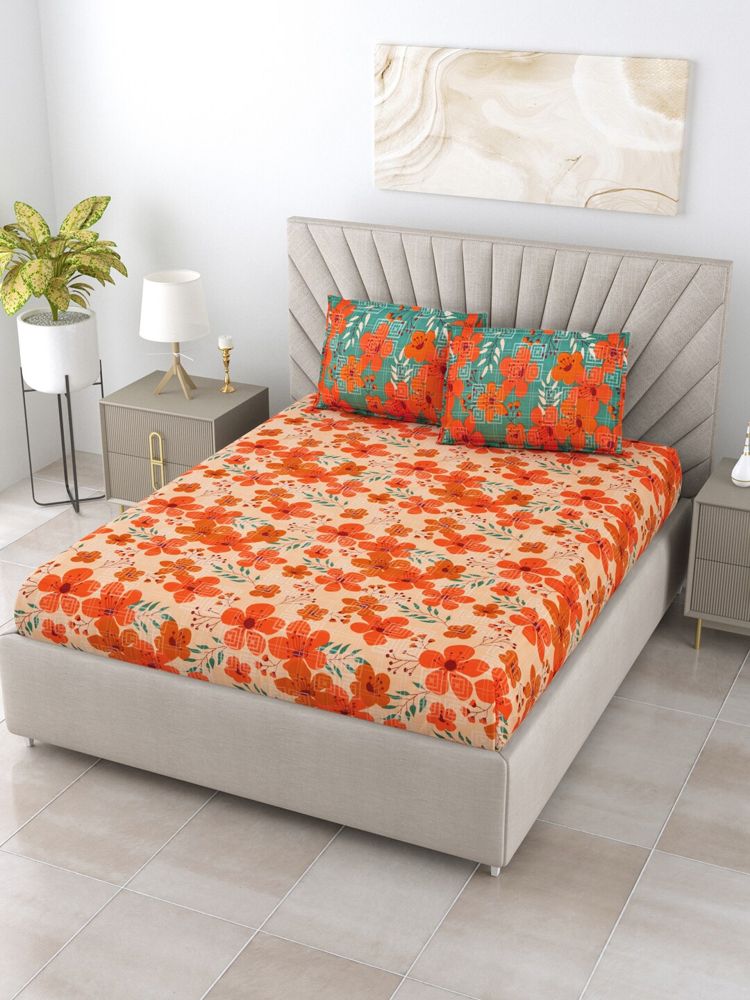 

BOMBAY DYEING Orange & Blue Floral Cotton 120 TC Queen Bedsheet With 2 Pillow Covers