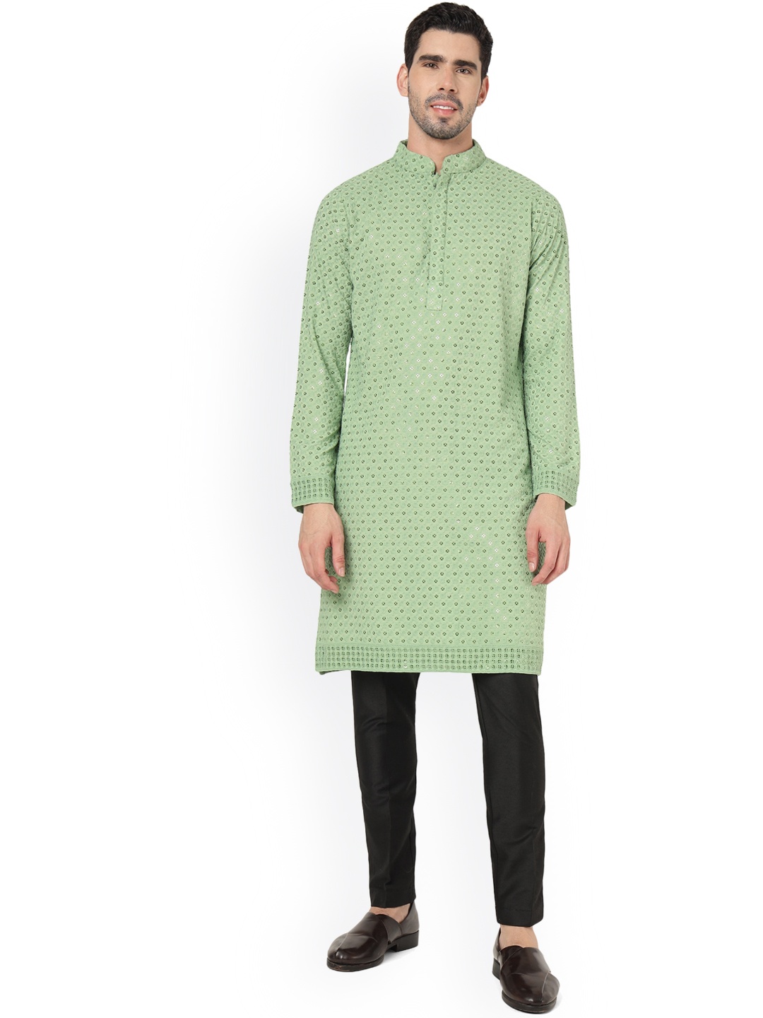 

Shiv Leela Geometric Thread Work Sequined Kurta, Green