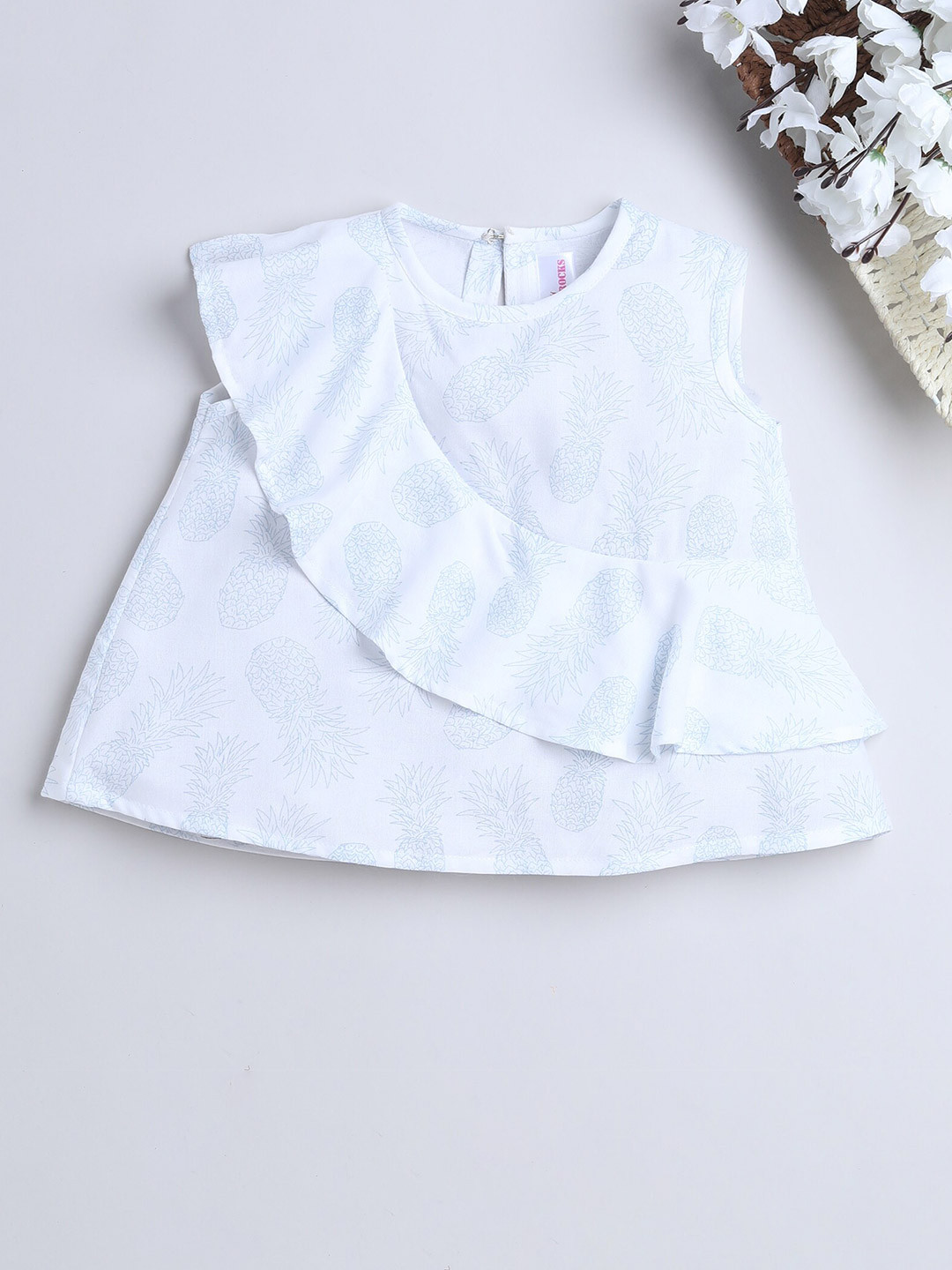 

MANY FROCKS & Girls Conversational Printed Ruffled Cotton A Line Dress, White