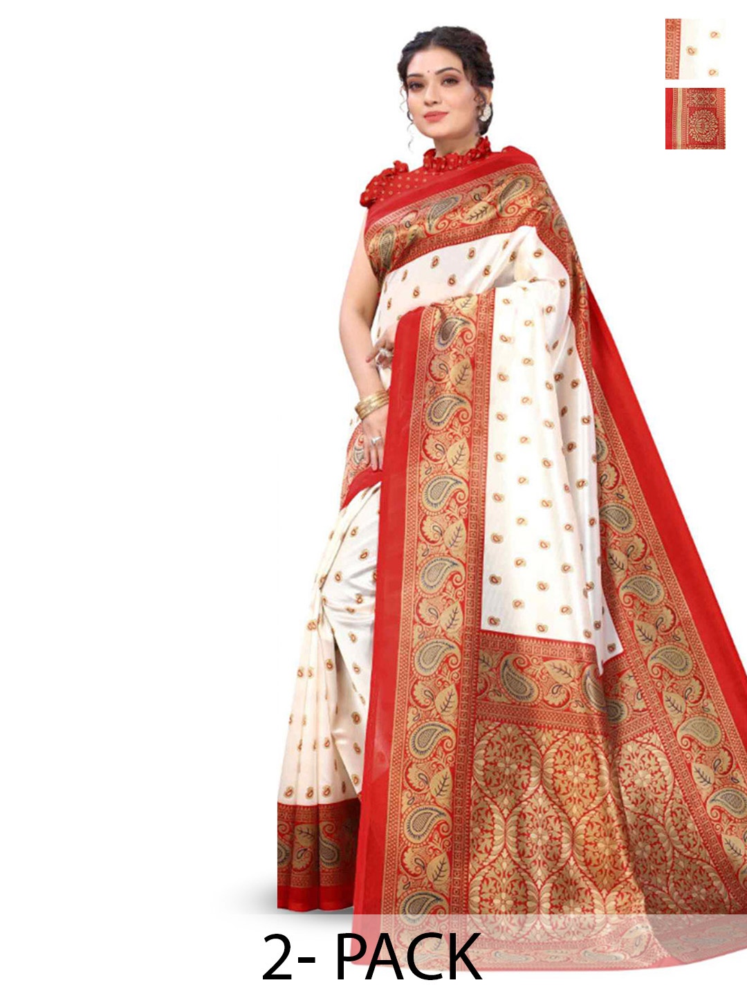 

KALINI Selection Of 2 Ethnic Motifs Printed Mysore Cotton Silk Sarees, Red