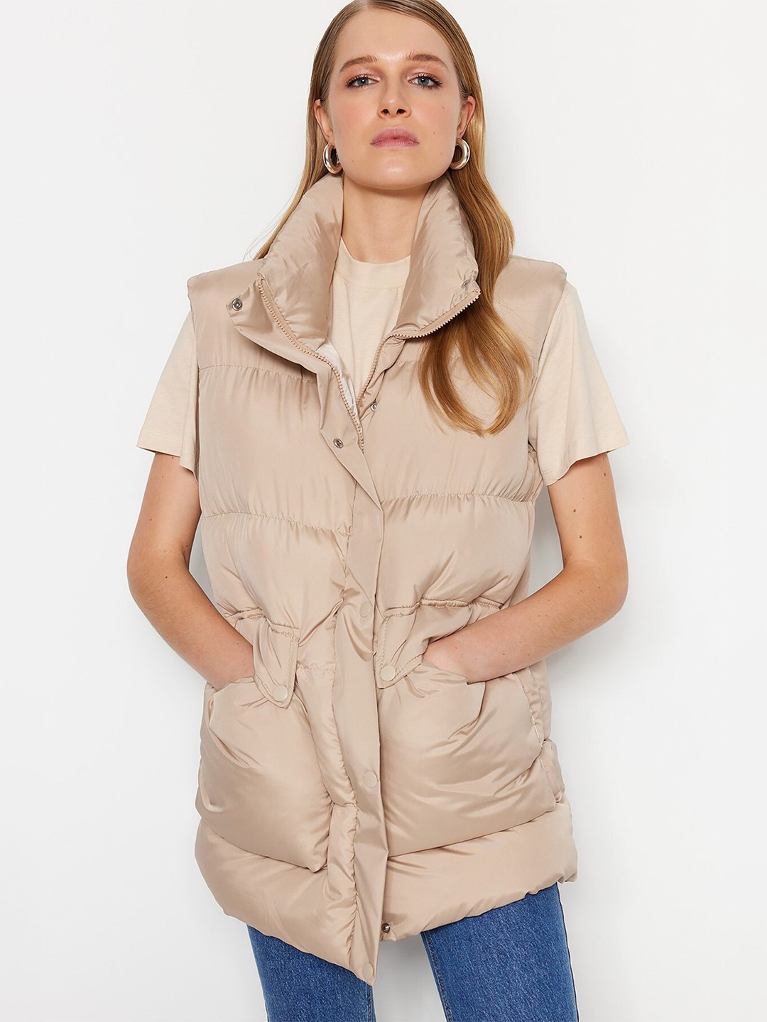 

Trendyol Mock Collar Sleeveless Longline Padded Jacket, Beige