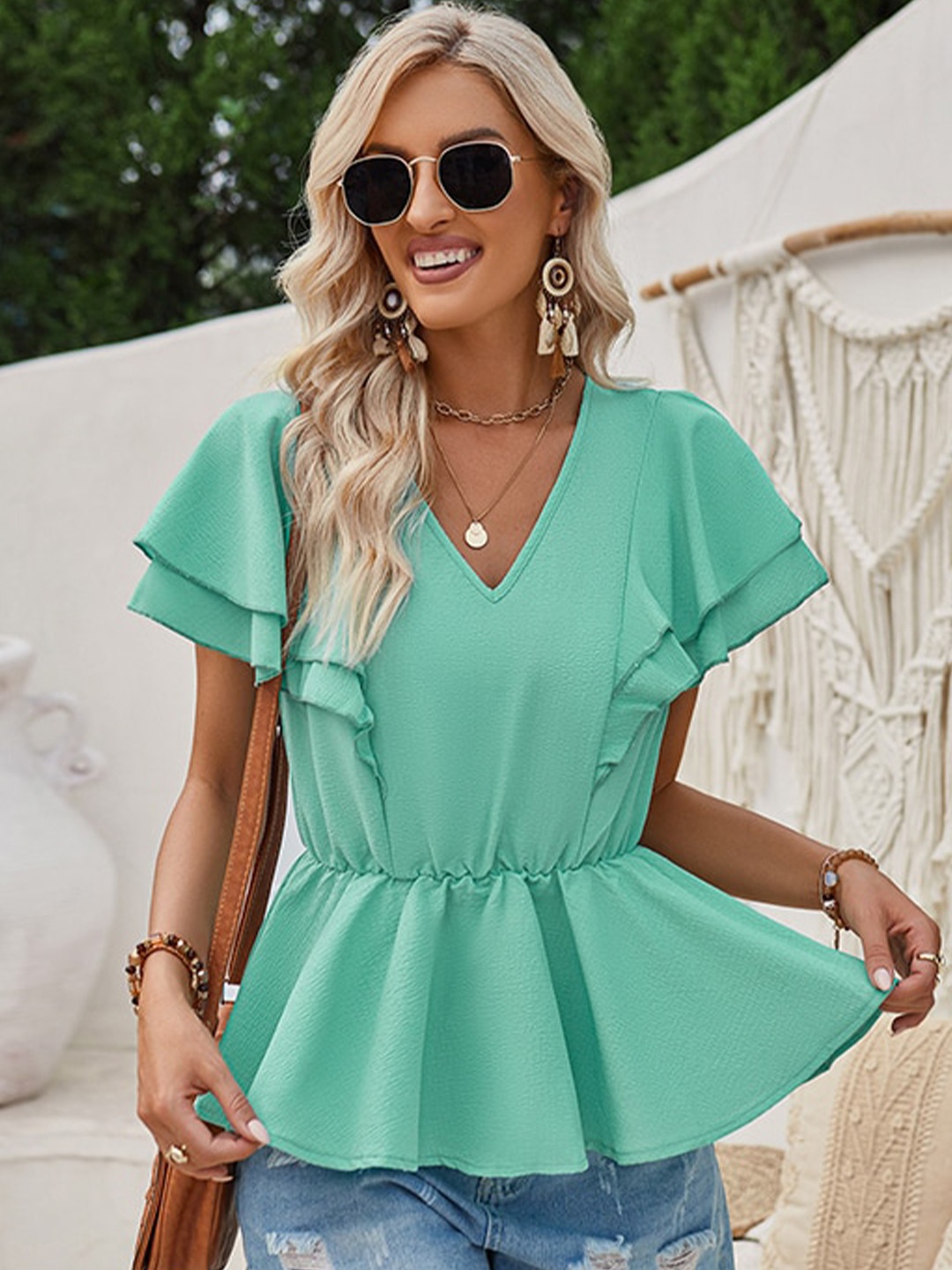 

StyleCast Green V-Neck Flutter Sleeves Casual Shirt