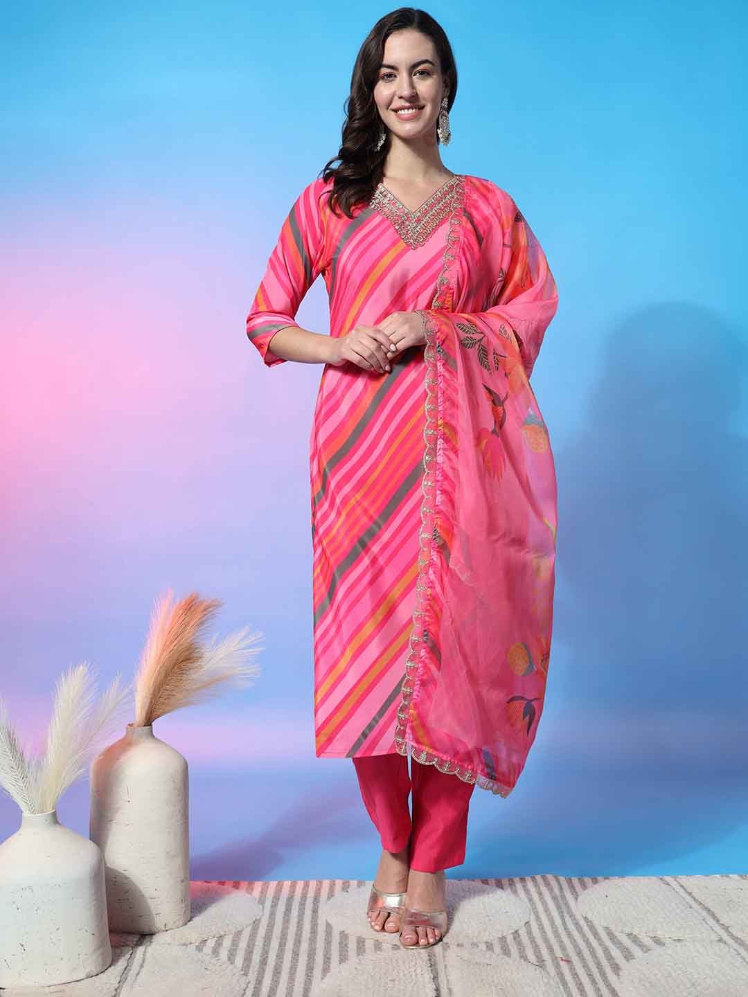 

ASPORA Striped Regular Sequinned V-Neck Kurta with Trousers & Dupatta, Pink