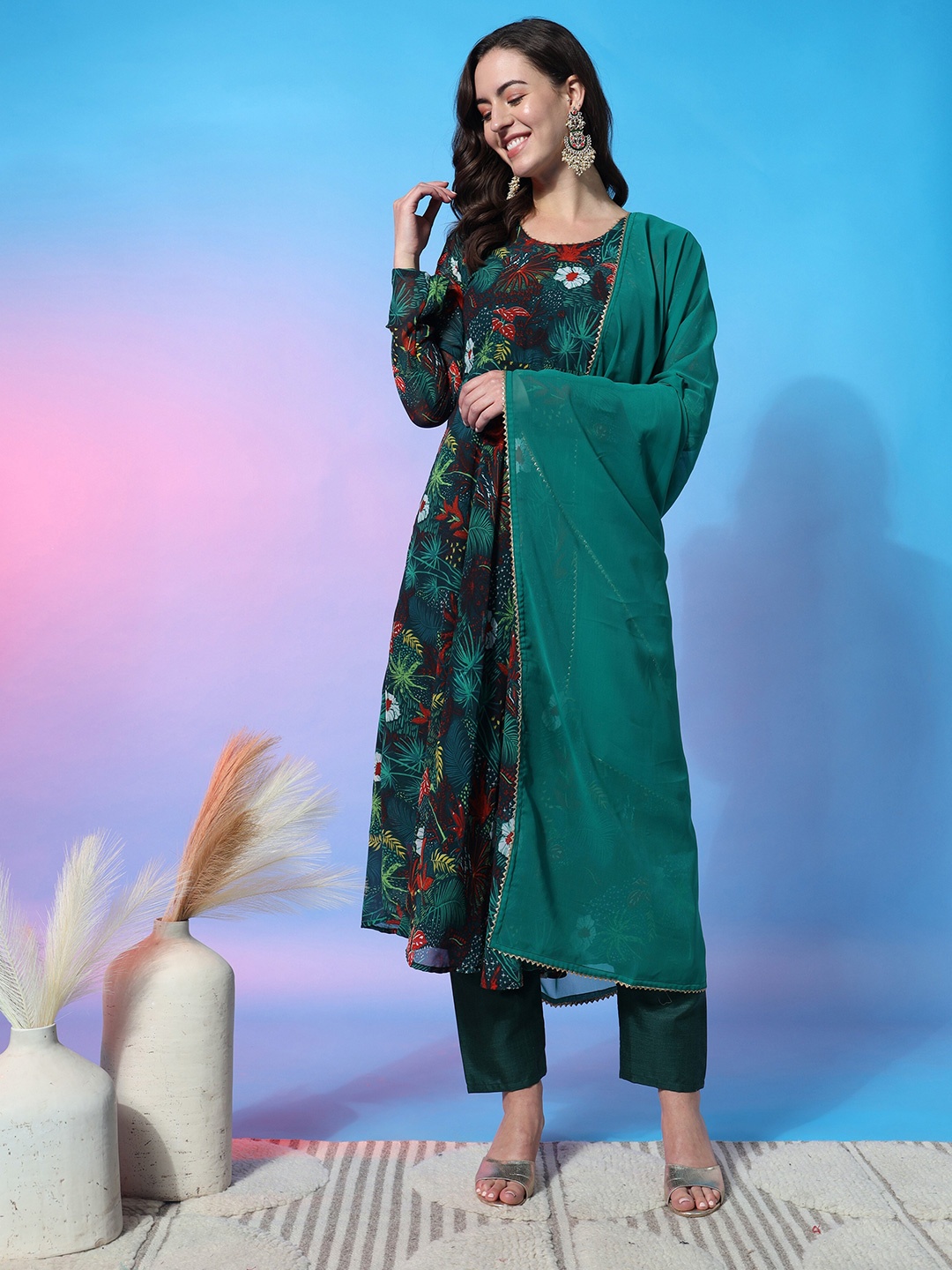 

ASPORA Floral Printed Empire Gotta Patti Kurta with Trousers & Dupatta, Green
