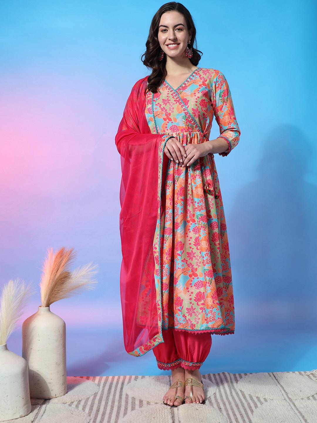 

ASPORA Floral Printed Thread Work Angrakha Kurta with Salwar & Dupatta, Pink