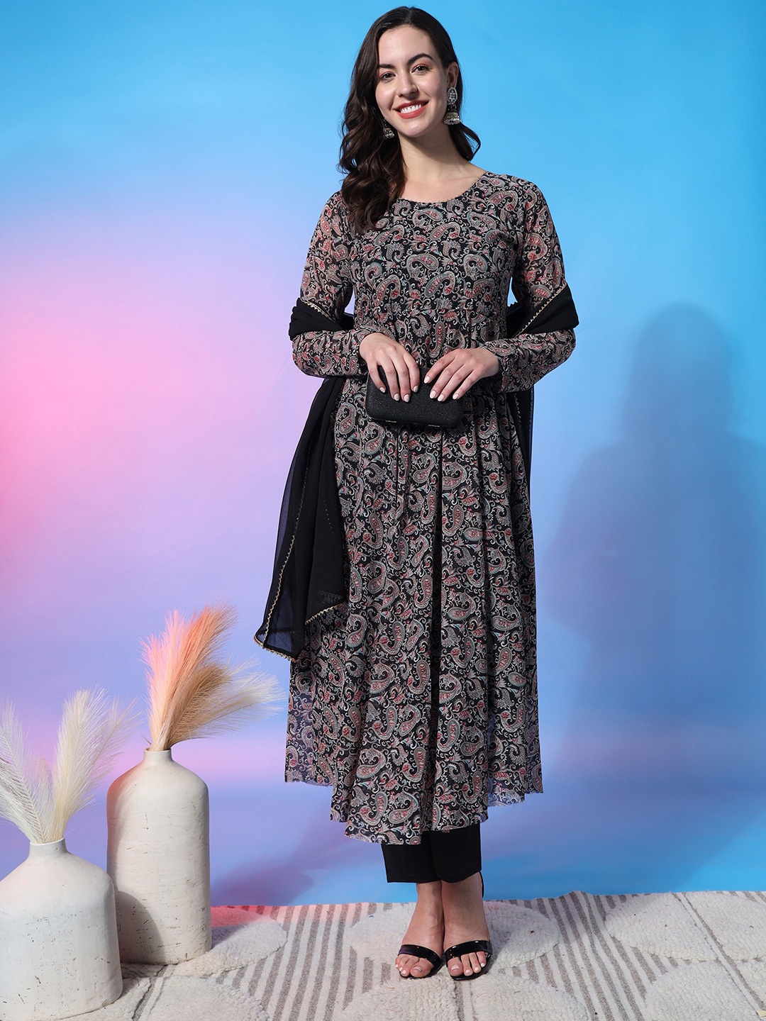 

ASPORA Paisley Empire Round Neck Full Sleeves Anarkali Kurta With Trousers & Dupatta, Black