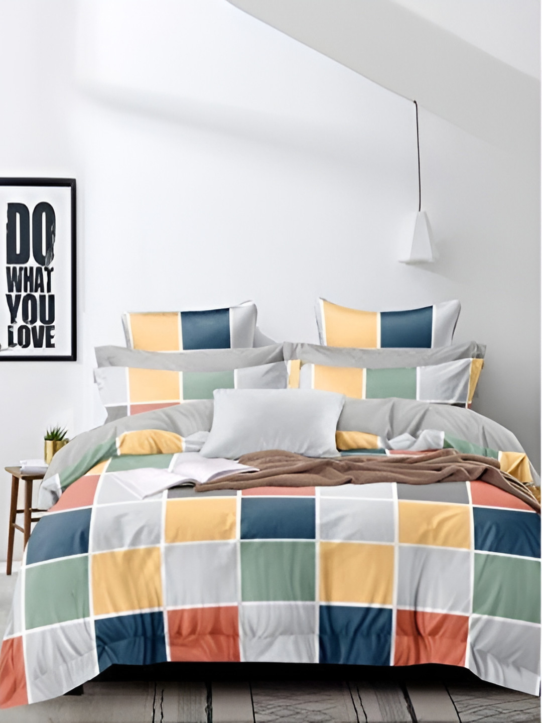 

THE HOME STYLE Grey & Blue Checks 300 TC King Bedsheet with 2 Pillow Covers