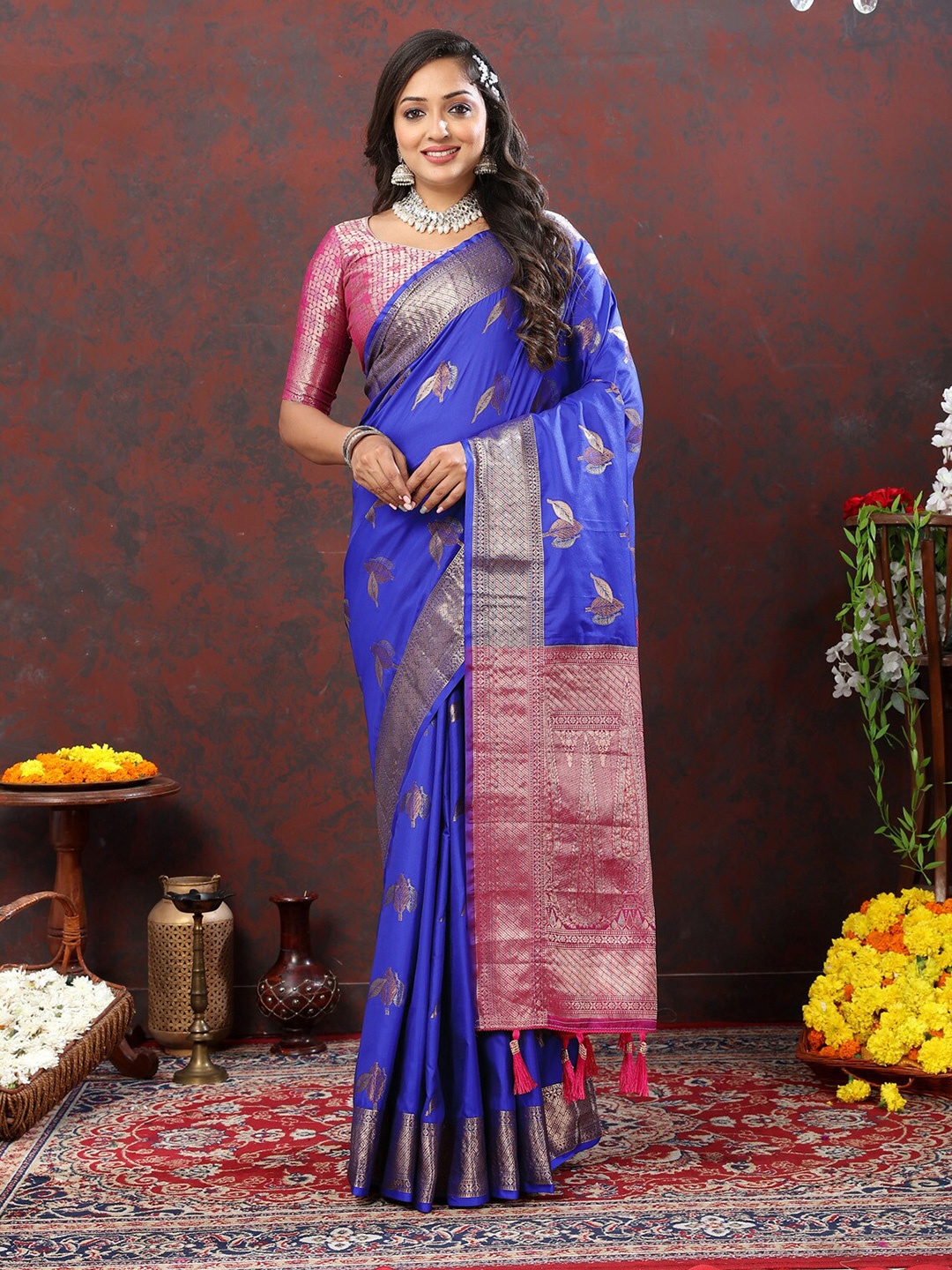 

OFLINE SELECTION Floral Woven Design Zari Pure Silk Banarasi Saree, Blue