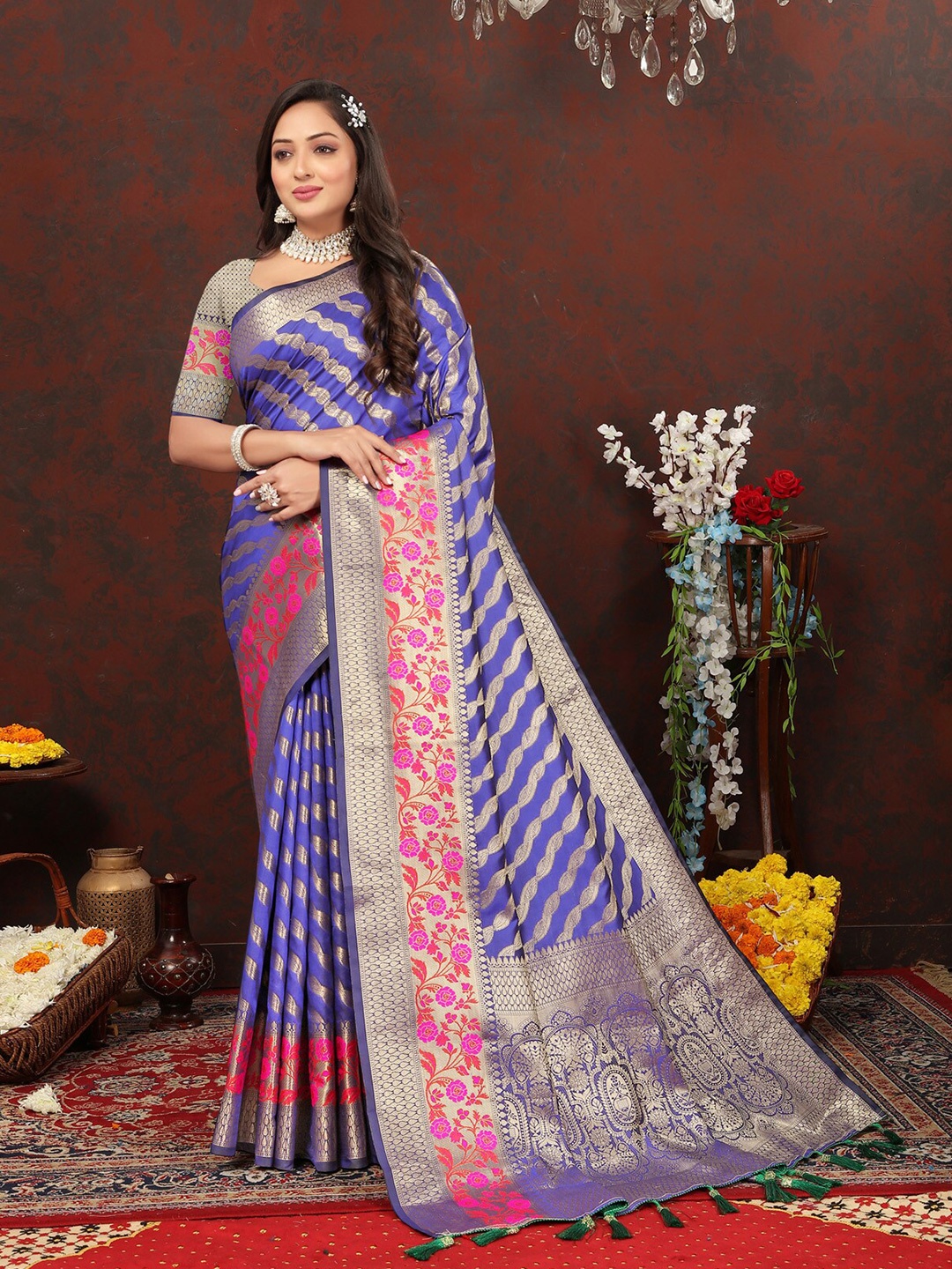 

OFLINE SELECTION Leheriya Zari Pure Silk Banarasi Saree, Blue
