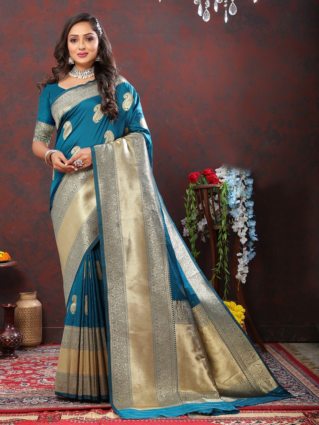 

OFLINE SELECTION Paisley Zari Pure Silk Banarasi Saree, Teal