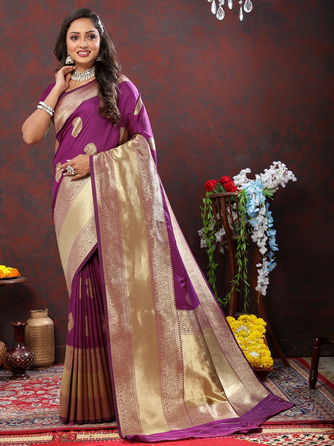 

OFLINE SELECTION Ethnic Motifs Woven Design Zari Pure Silk Banarasi Saree, Magenta