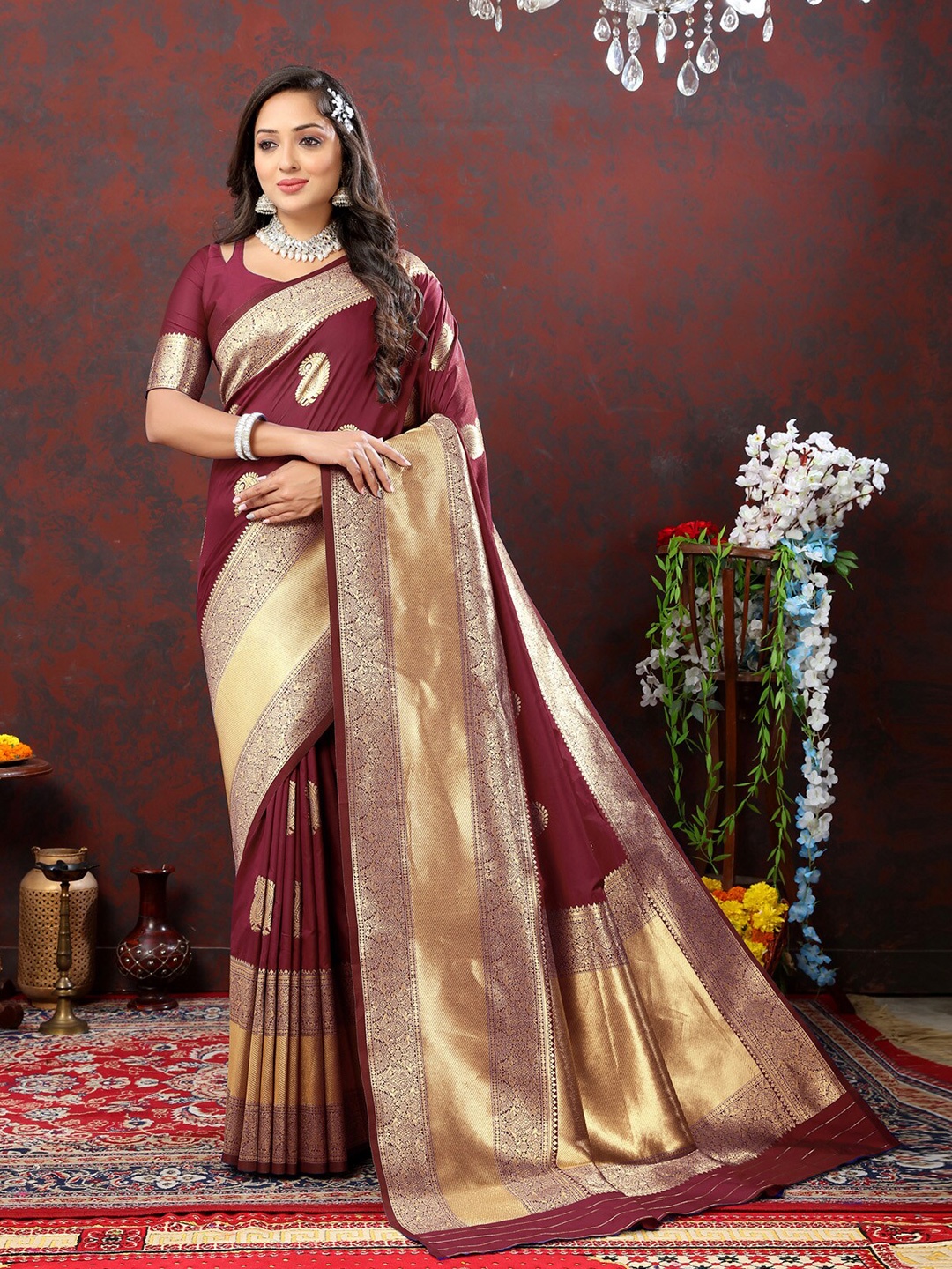 

OFLINE SELECTION Paisley Zari Pure Silk Banarasi Saree, Maroon