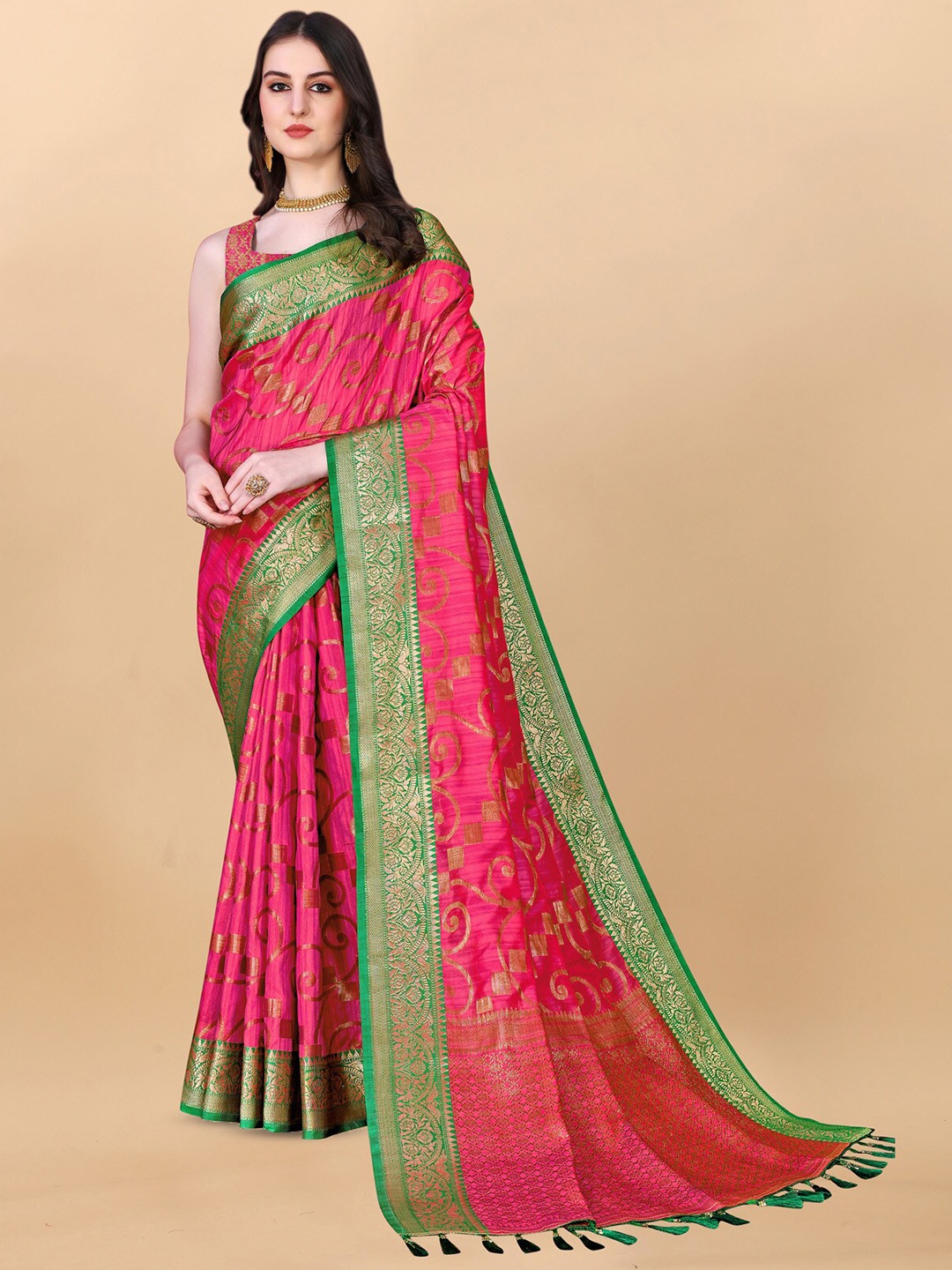

OFLINE SELECTION Ethnic Motifs Woven Design Zari Pure Silk Banarasi Saree, Pink