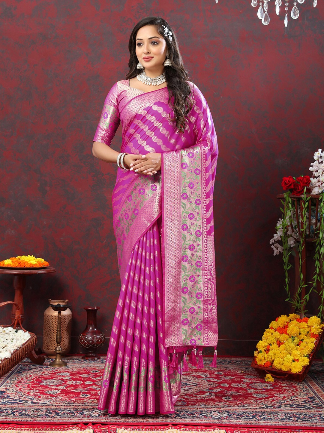 

OFLINE SELECTION Striped Woven Design Zari Pure Silk Banarasi Saree, Magenta