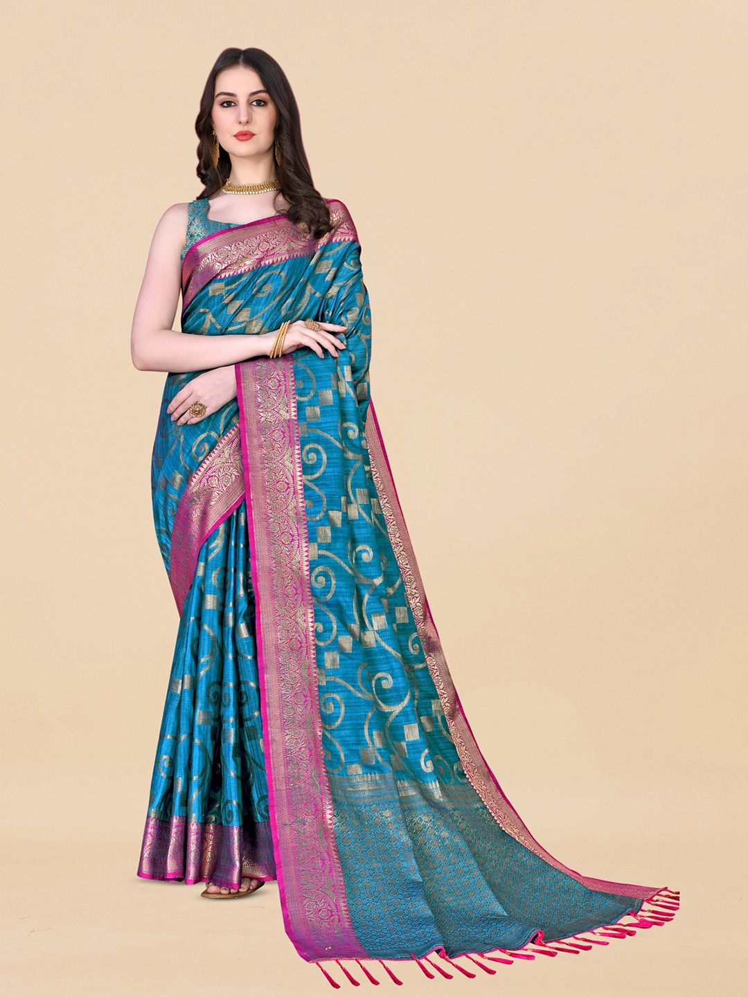 

OFLINE SELECTION Ethnic Print Zari Pure Silk Banarasi Saree with Tassles, Teal