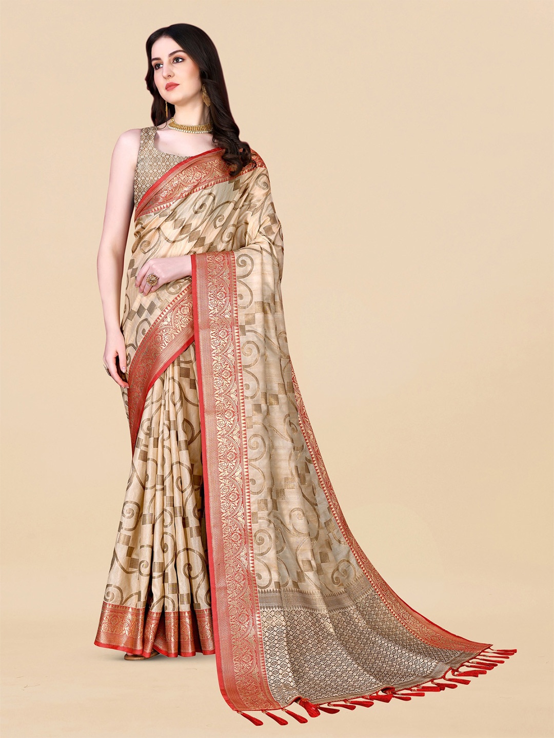 

OFLINE SELECTION Ethnic Print Zari Pure Silk Banarasi Saree with Tassels, Cream