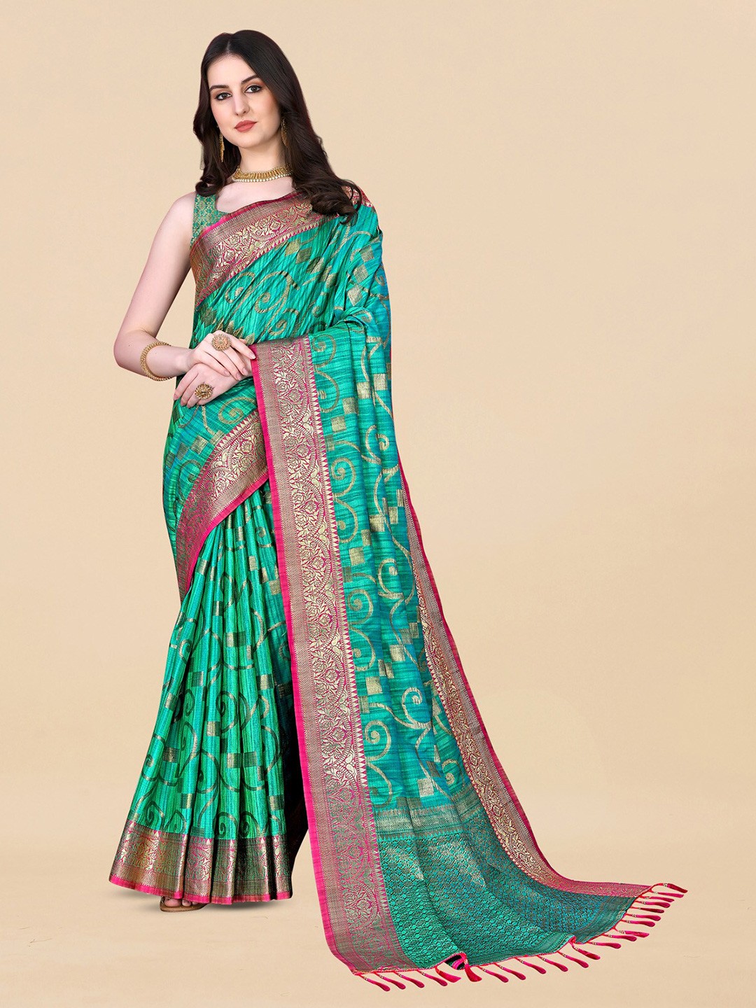 

OFLINE SELECTION Ethnic Motifs Zari Pure Silk Banarasi Saree, Green