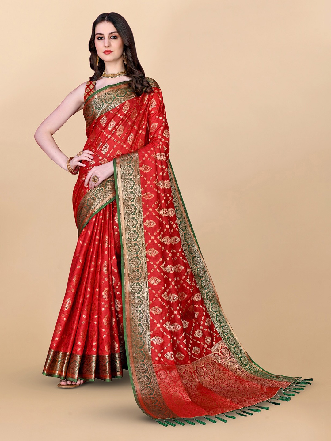 

OFLINE SELECTION Ethnic Motif Woven Design Zari Pure Silk Banarasi Saree, Red