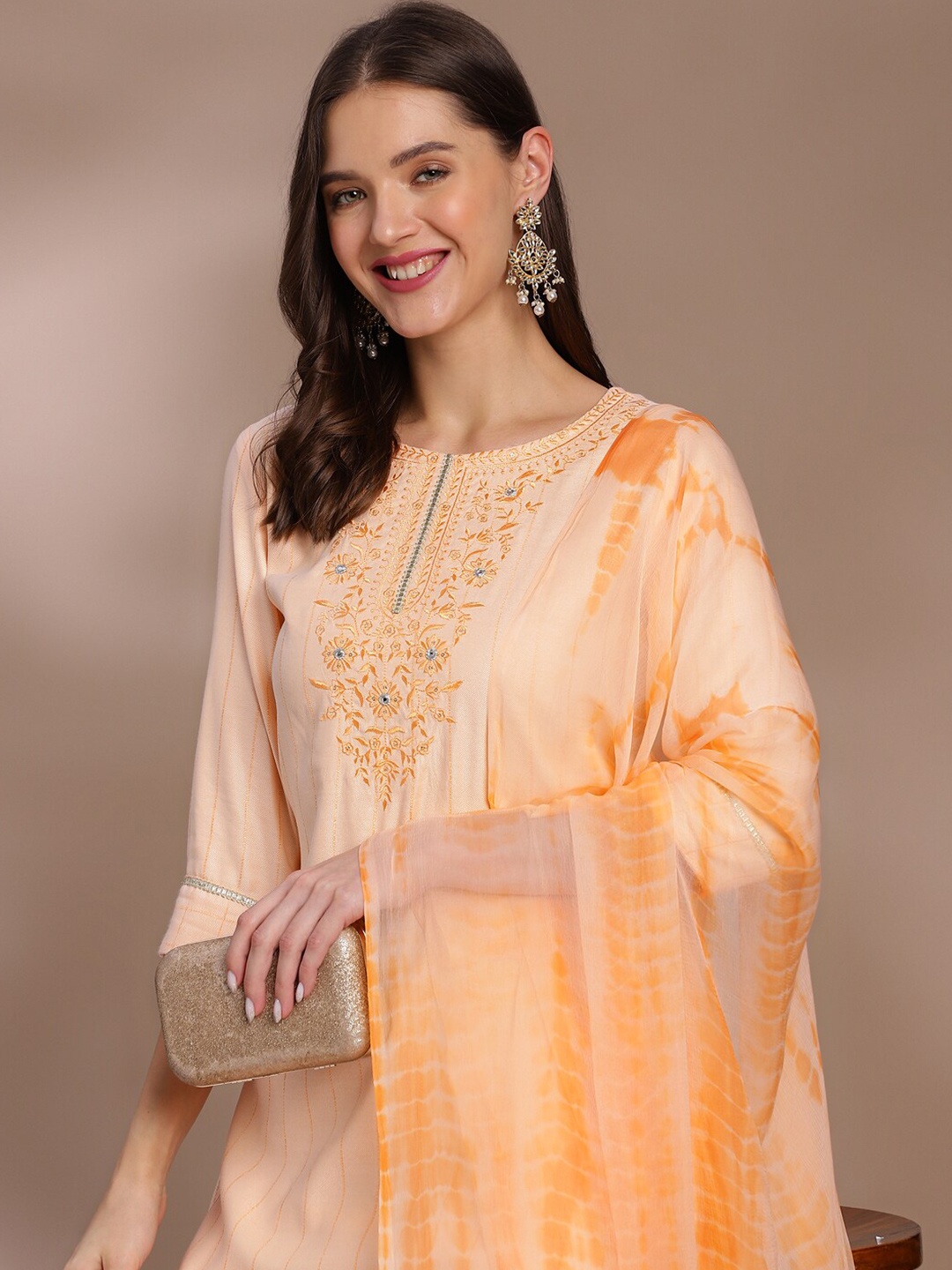 

Anouk Floral Embroidered Thread Work Round Neck Kurta With Trousers & Dupatta, Peach