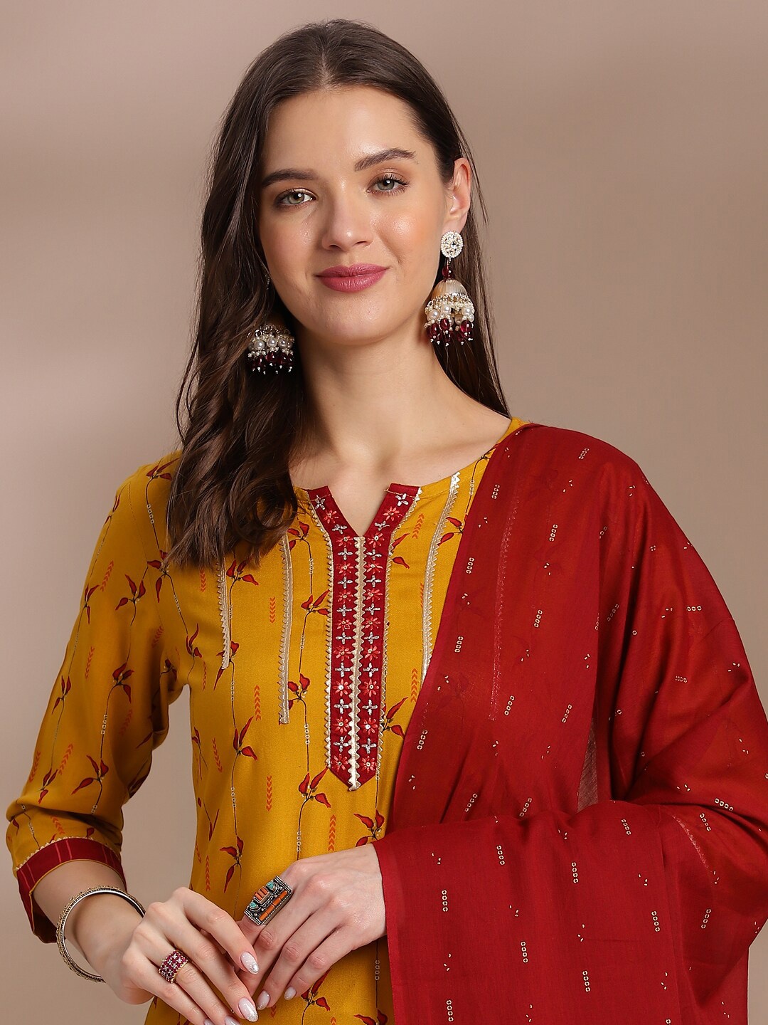 

Anouk Floral Printed Round Neck Three-Quarter Sleeves Kurta with Trousers & With Dupatta, Mustard