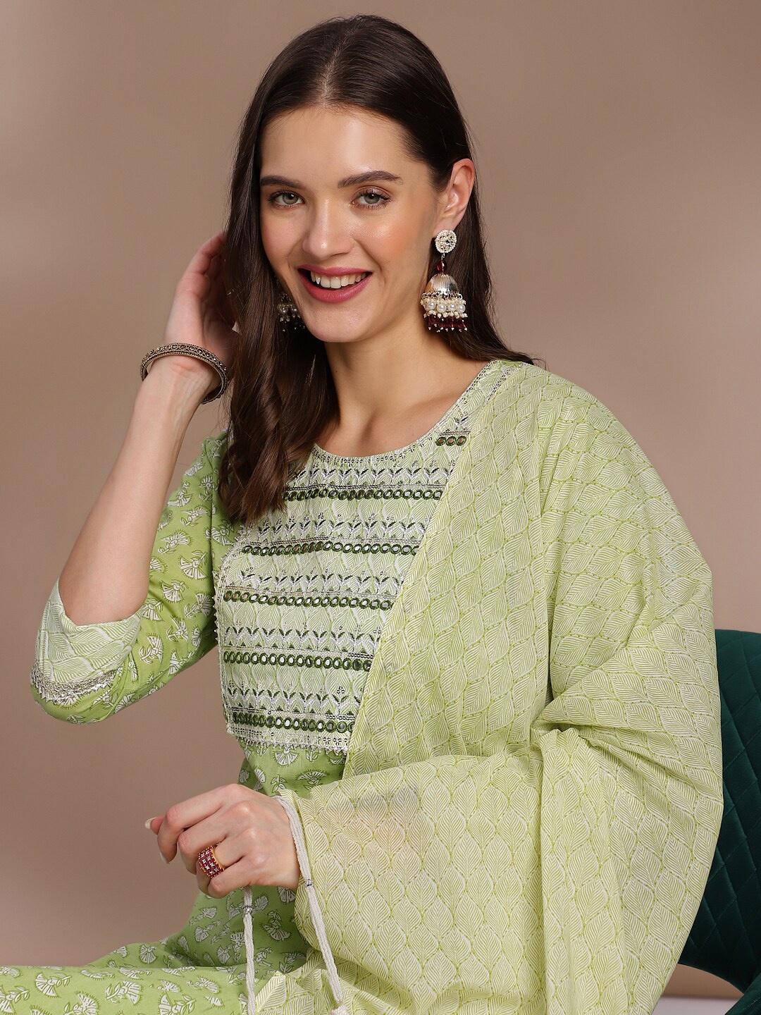Anouk Floral Printed Round Neck Mirror Work Pure Cotton Kurta Set, Green
