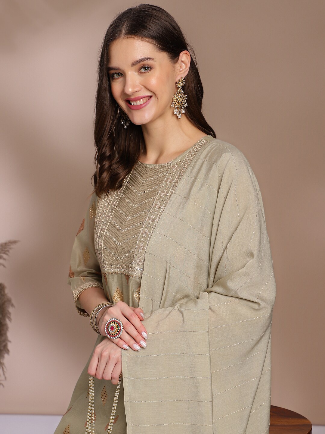 Anouk Embroidered Regular Mirror Work Chanderi Cotton Kurta with Trousers & Dupatta, Beige