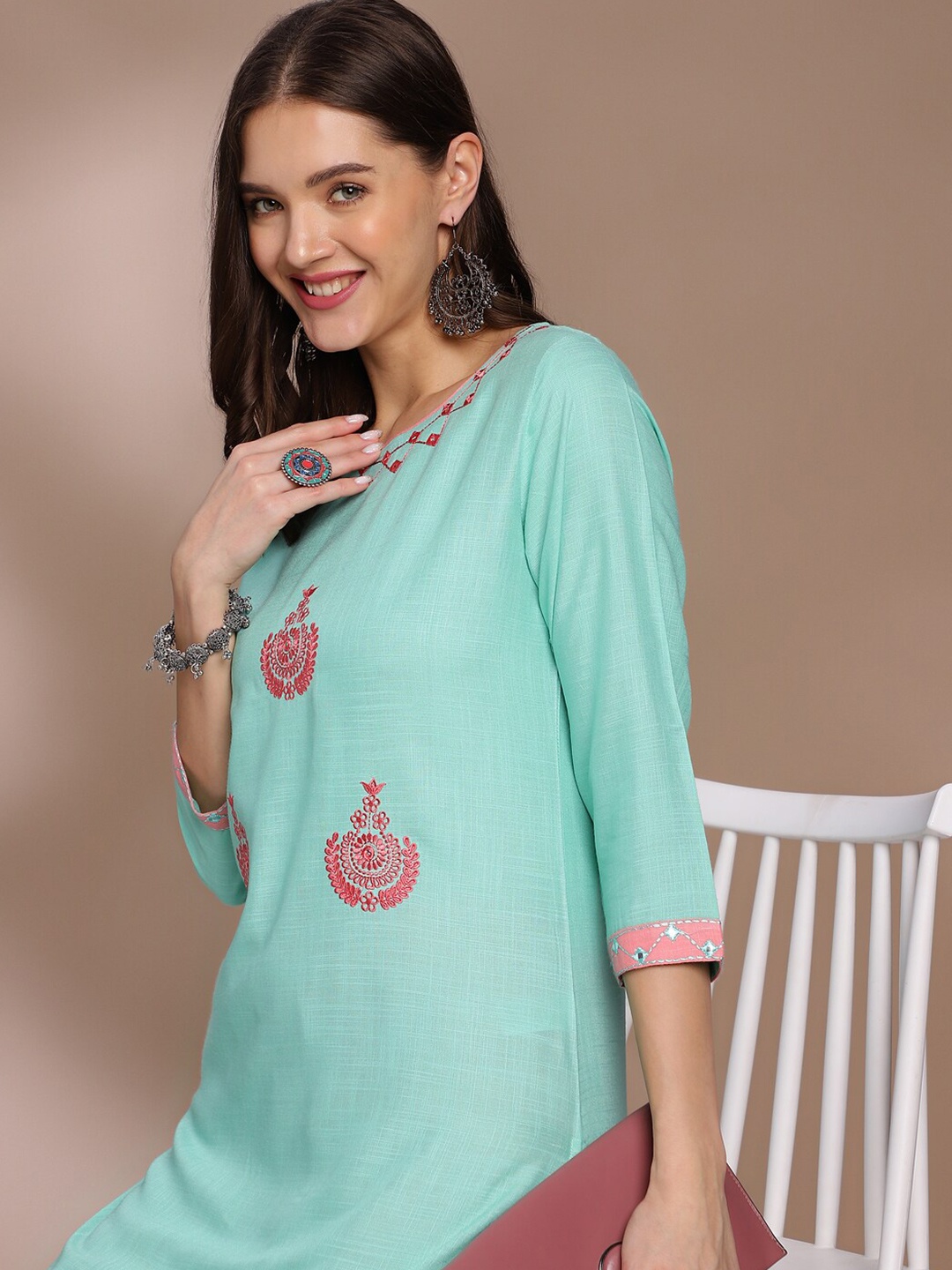 

Anouk Ethnic Motifs Embroidered Round Neck Thread Work Kurta with Trousers, Sea green