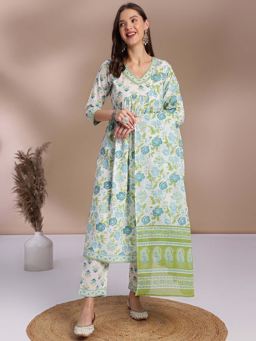 

Anouk Floral Printed Pure Cotton A-Line Kurta With Trousers & Dupatta, White
