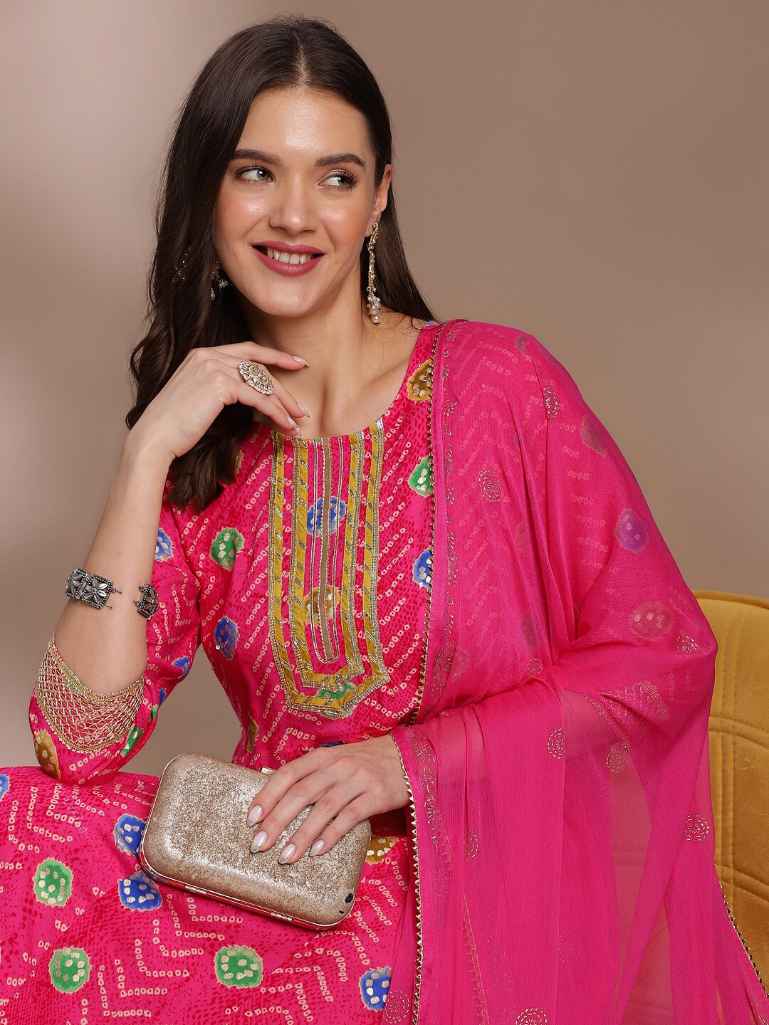 

Anouk Bandhani Printed Regular Anarkali Kurta with Trousers & Dupatta, Fuchsia