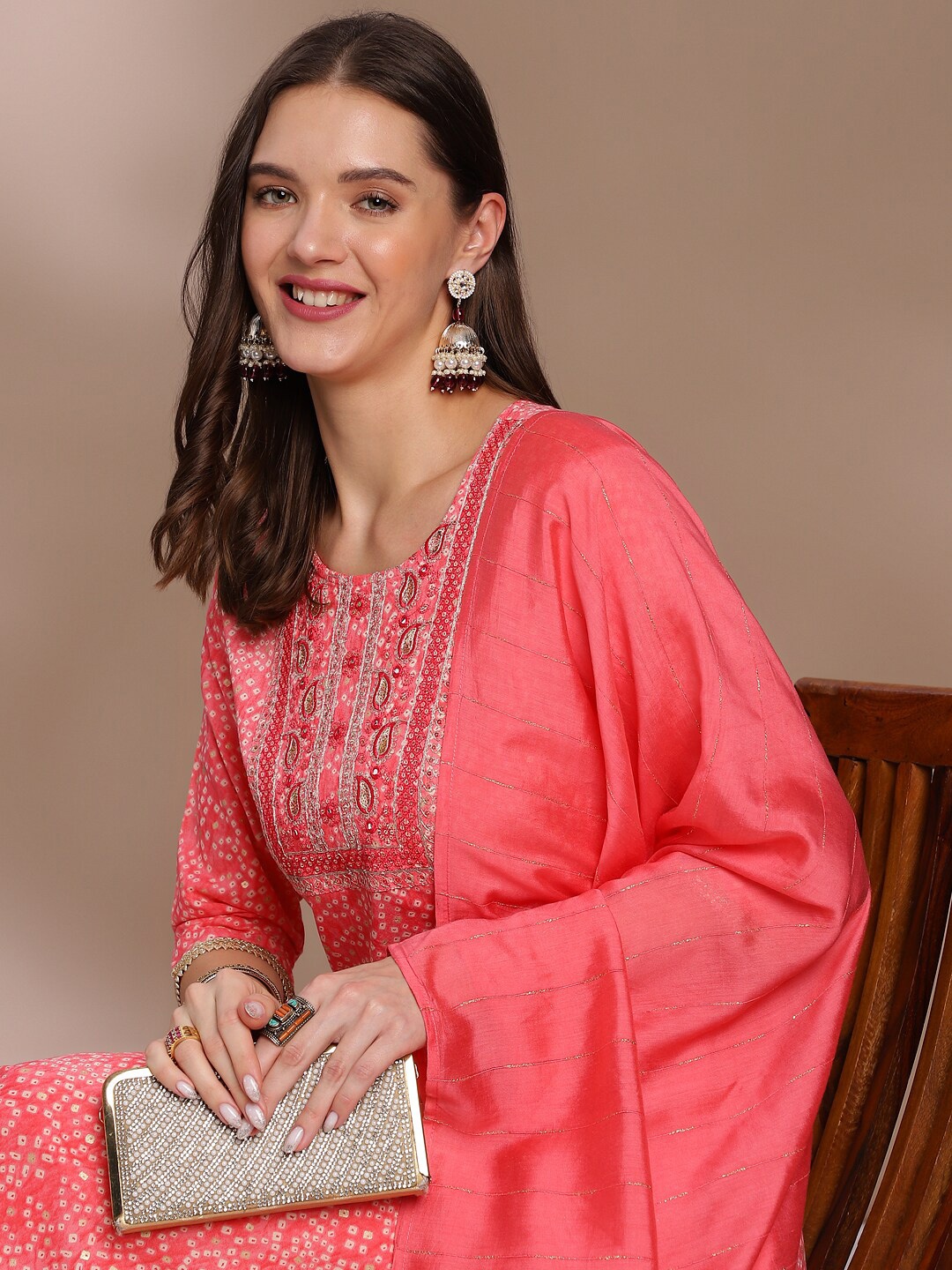 

Anouk Floral Embroidered Regular Straight Kurta with Trousers & Dupatta, Pink