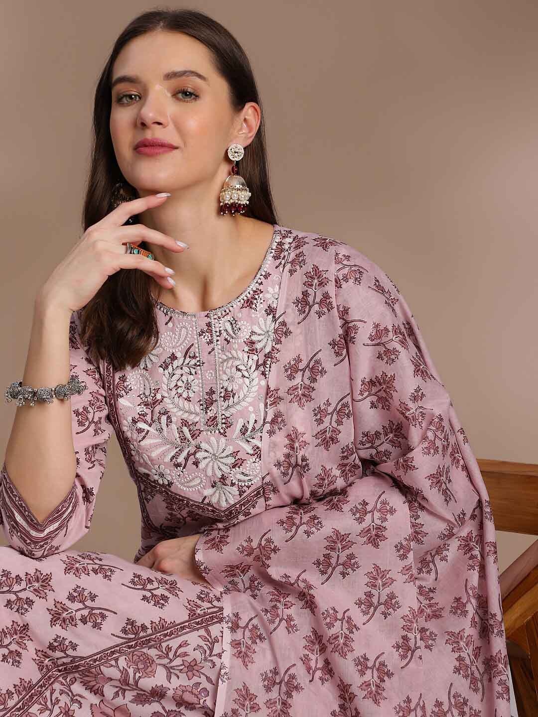 

Anouk Floral Printed Pure Cotton A-Line Kurta With Salwar & Dupatta, Pink