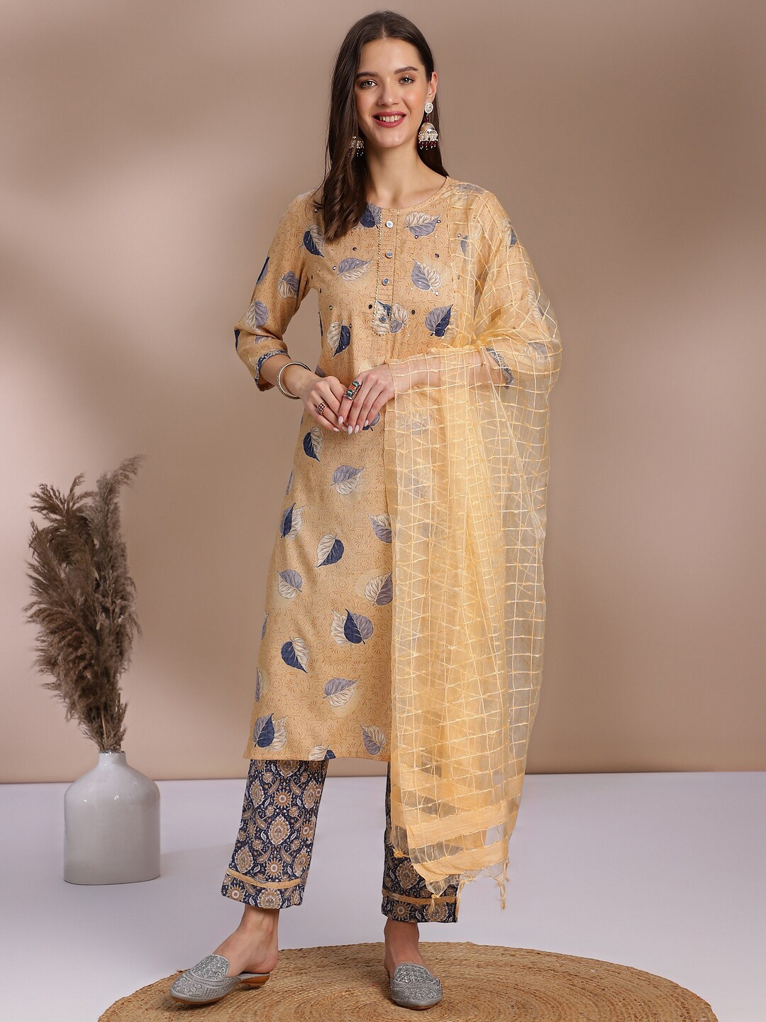 

Anouk Floral Printed Straight Kurta With Trousers & Dupatta, Beige