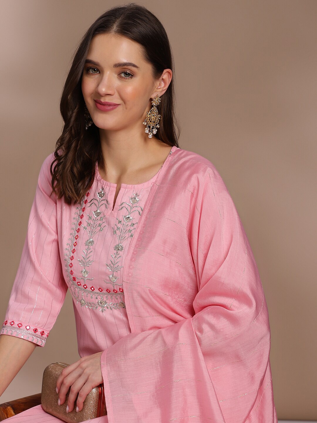 Anouk Floral Embroidered Straight Kurta With Trousers & Dupatta, Pink