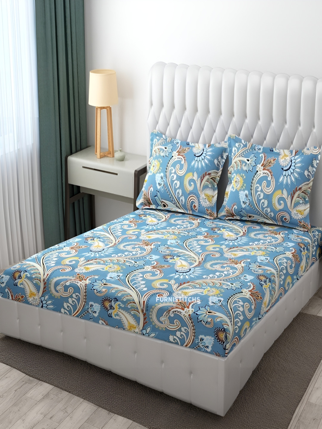 

THE HOME STYLE Blue & Beige Floral 300 TC King Bedsheet with 2 Pillow Covers