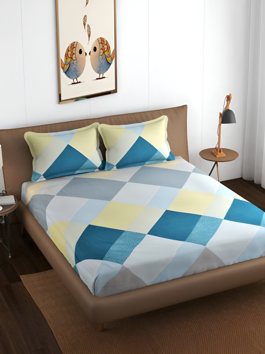 

THE HOME STYLE Blue & Grey Geometric 300 TC King Bedsheet with 2 Pillow Covers