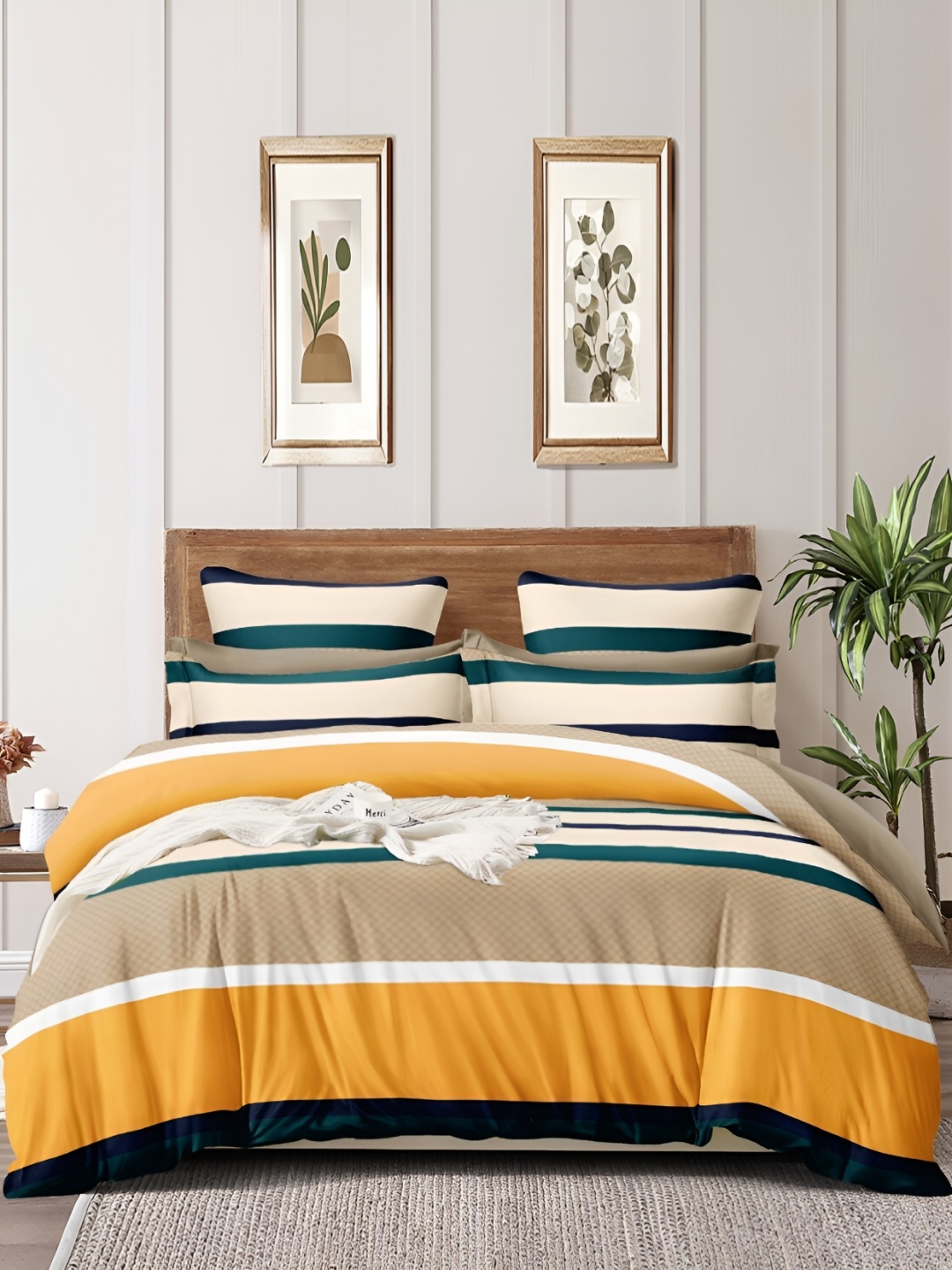 

THE HOME STYLE Yellow & Beige Striped Cotton 300 TC King Bedsheet With 2 Pillow Covers