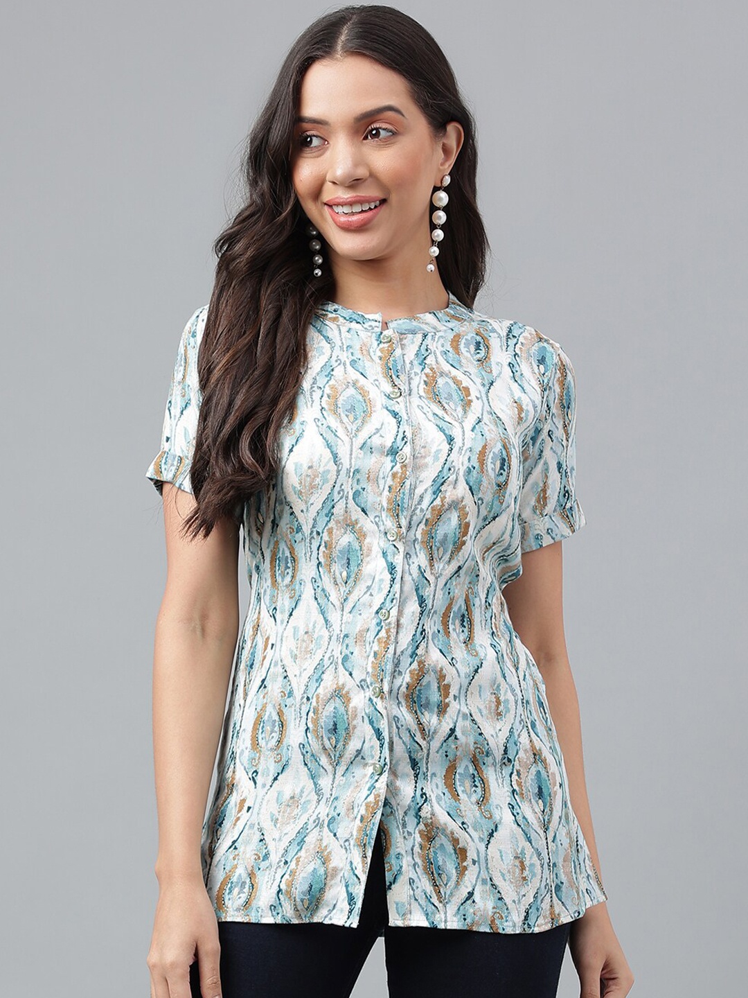 

Suktam Trendz Floral Printed Mandarin Collar Cotton Shirt Style Top, White