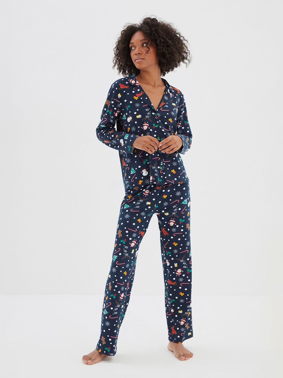 

Trendyol Printed Pure Cotton Night suit, Navy blue